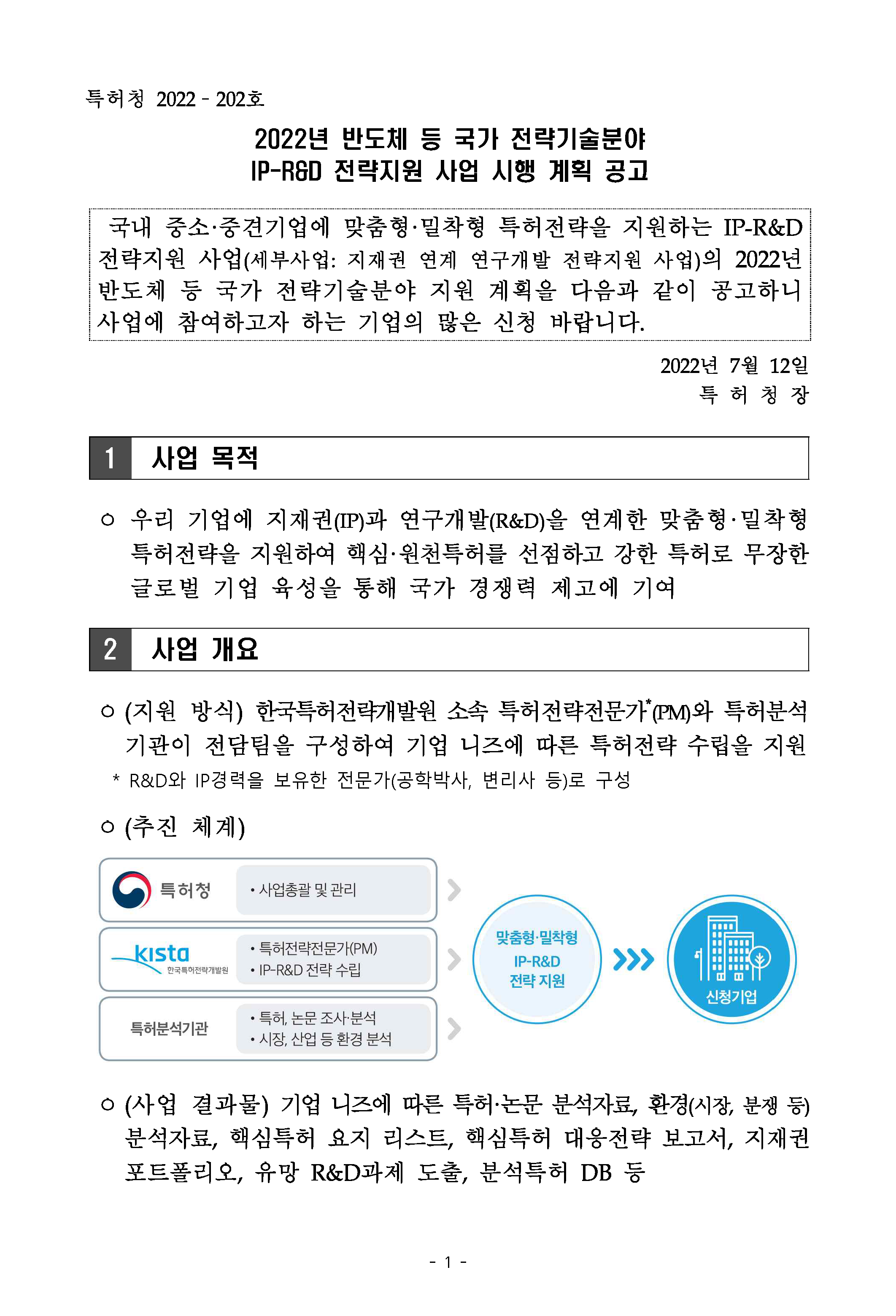2022년 반도체 등 국가 전략기술분야 IP-R&D 전략지원사업 시행 계획 공고_페이지_01.png